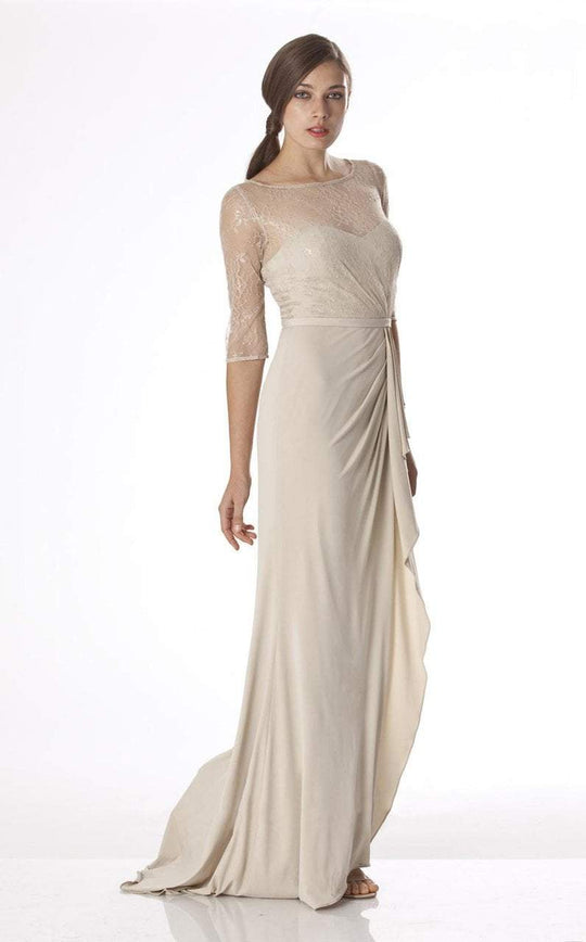 JS Boutique - 264113 Illusion Half Sleeves Draped Evening Dress in Neutral