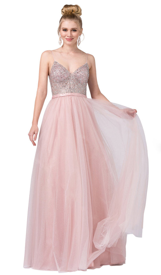 Dancing Queen - 2644 Jewel Studded Gossamer A-Line Gown In Pink