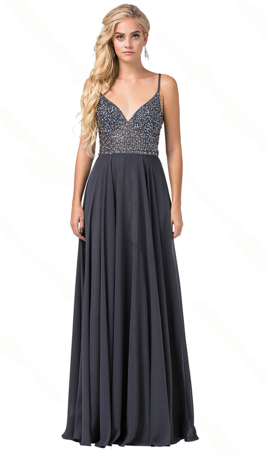 Dancing Queen - 2648 Beaded V-Neck A-Line Prom Dress In Gray