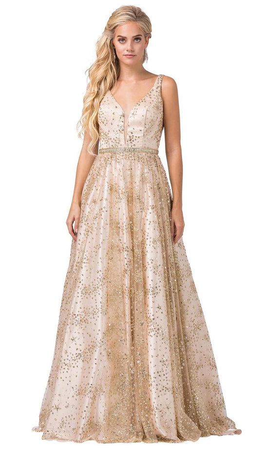 Dancing Queen - 2650 Embellished Deep V-neck A-line Gown In Gold