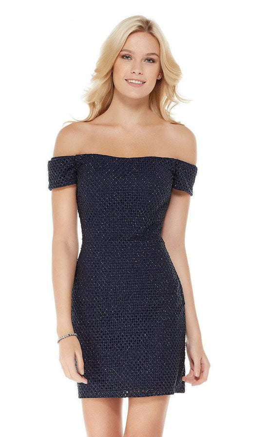Diamond Lace Off-Shoulder Sheath Dress in Blue