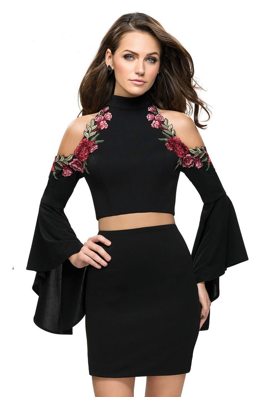 La Femme - 26606 Two Piece Floral Applique Jersey Dress in Black