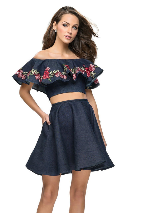 La Femme - 26627 Two Piece Floral Applique Denim Dress in Blue