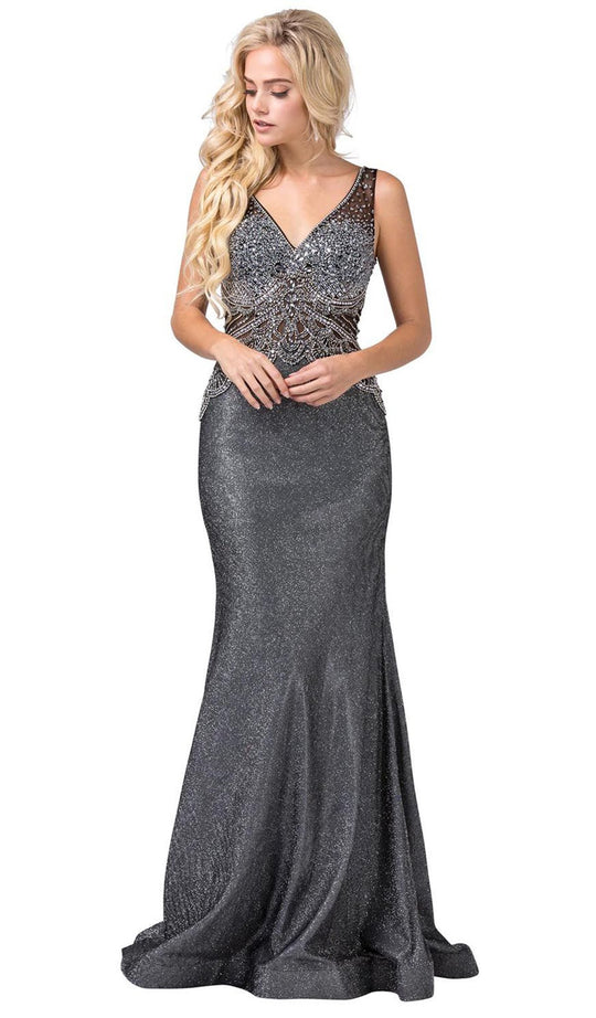 Dancing Queen - 2663 Embellished V-neck Trumpet Dress In Gray