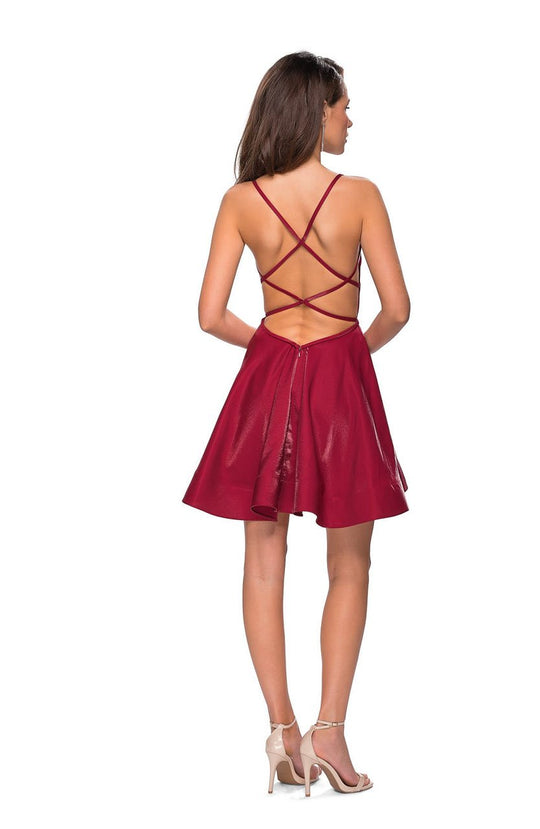 La Femme - 26659 Deep V-neck Stretch Satin A-line Dress in Red