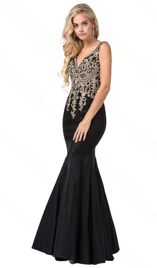 Dancing Queen - 2668 Appliqued V-Neck Trumpet Prom Dress In Black