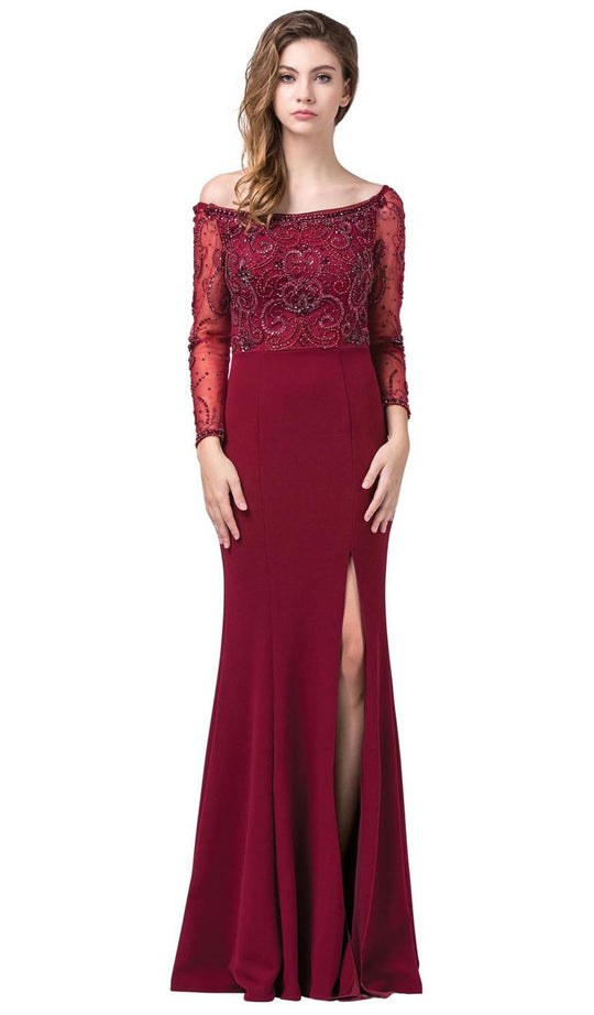 Dancing Queen - 2672 Embellished Long Sleeve Bateau Trumpet Gown In Red