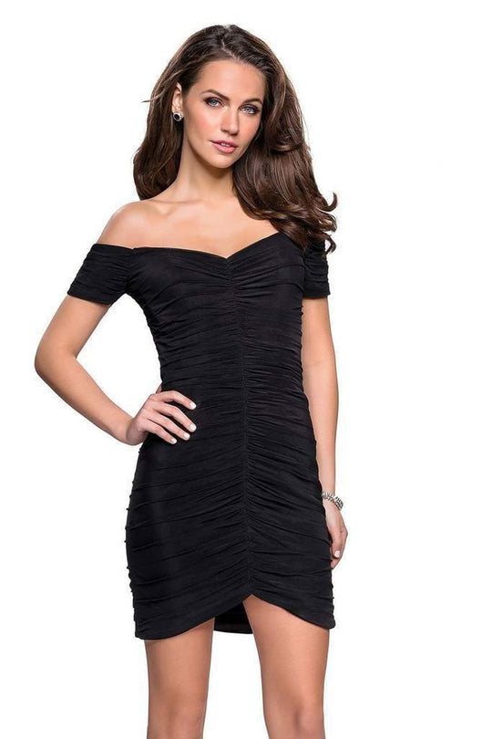 La Femme - Ruched Off-Shoulder Sheath Cocktail Dress 26742 In Black