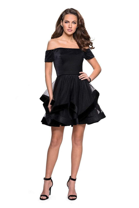 La Femme Stripe Velvet Off Shoulder Tiered Dress 26751 In Black
