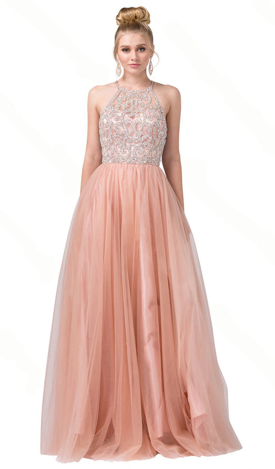 Dancing Queen - 2685 Beaded Halter Prom Gown In Pink and Gold