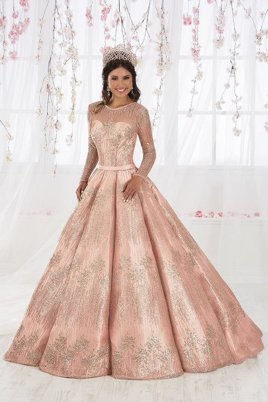 Quinceanera Collection - 26917 Beaded Illusion Long Sleeve Ballgown In Pink and Gold