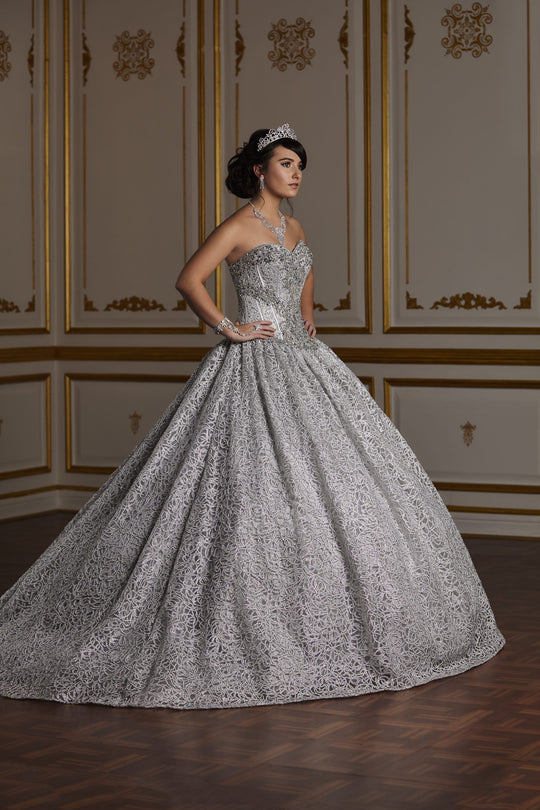 Quinceañera Collection - 26928 Modern Lace Tulle Ball Gown in Silver
