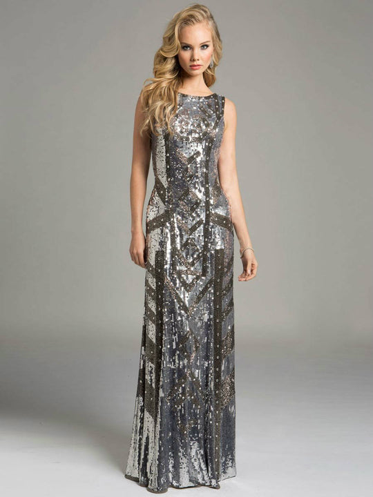 Lara Dresses - Sparkling Bateau Neck Long Sheath Gown 33025 In Silver