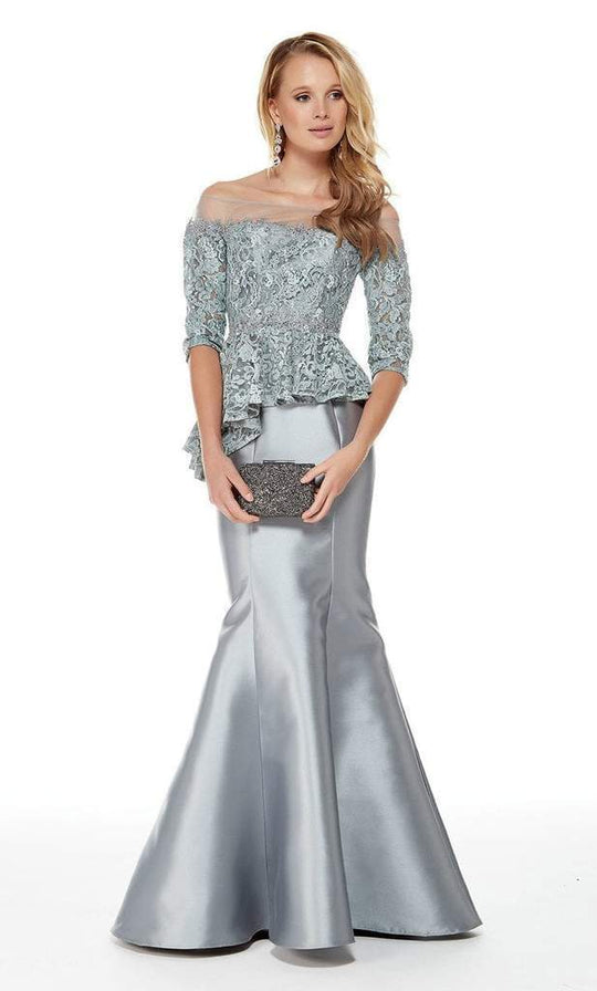 Alyce Paris - 27002 Illusion Off-Shoulder Lace Top Mikado Trumpet Dress In Gray