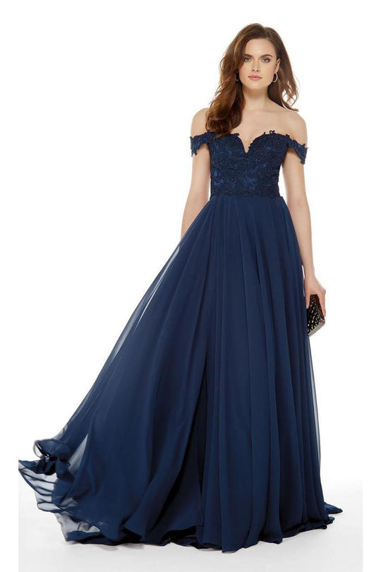 Alyce Paris - 27018 Lace Appliqued Off-Shoulder A-Line Gown in Blue