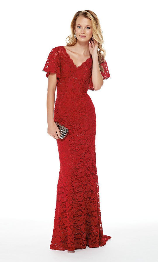 Alyce Paris - 27025 V-Neck Flutter Sleeved Floral Lace Sheath Dress In Red