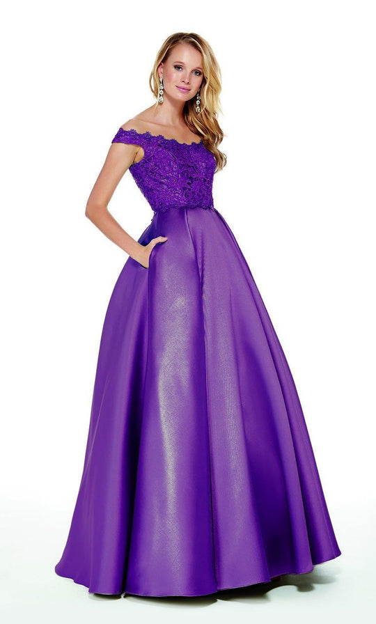 Lace Off-Shoulder Mikado Ballgown in Purple