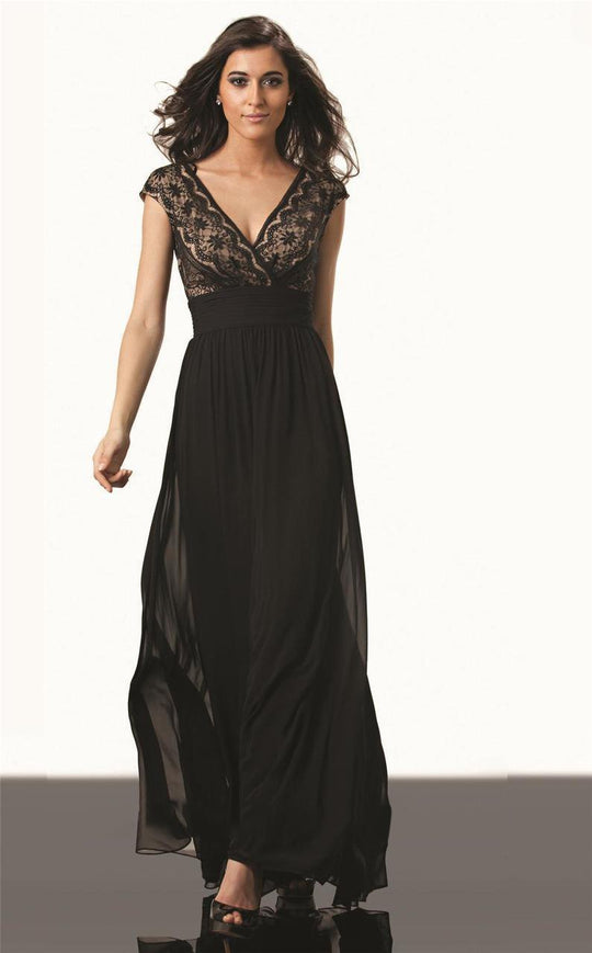JS Collection - 863046 Cap Sleeve Lace Ruched Chiffon Dress in Black