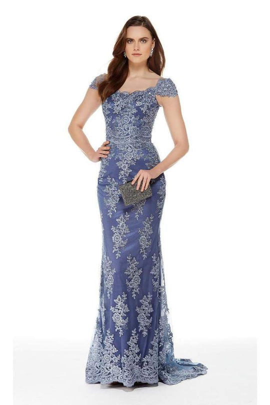 Alyce Paris - 27042 Scalloped Lace Cap Sleeves Evening Gown In Blue
