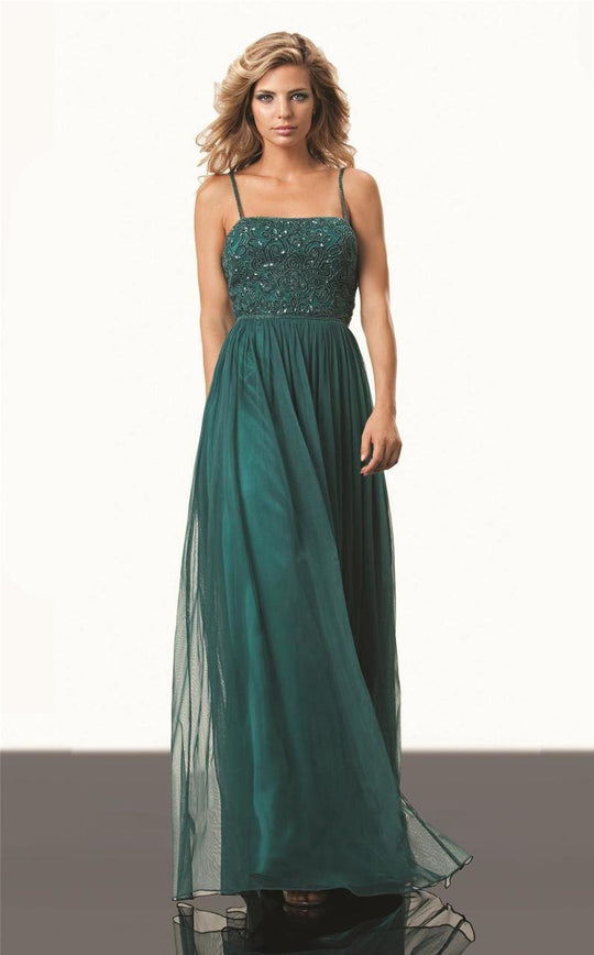 JS Collection - 863098 Beaded Spaghetti Strap Empire Mesh Dress in Green