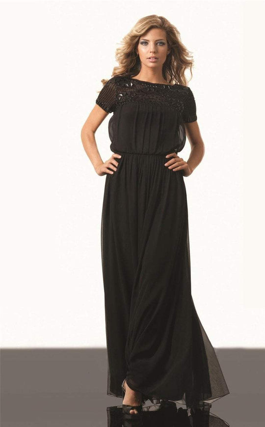 JS Collections - 862842 Short Sleeve Beaded Illusion Blouson Gown in Black