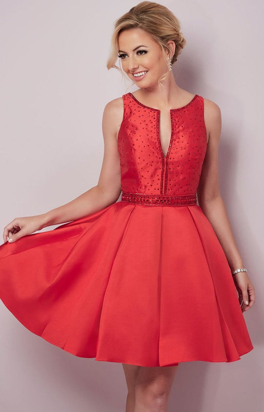 Tiffany Homecoming - Sleeveless Beaded V-neck Silky Mikado A-line Dress 27091 In Red