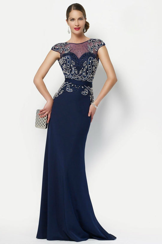 Alyce Paris - Beaded Illusion Evening Dress in Blue