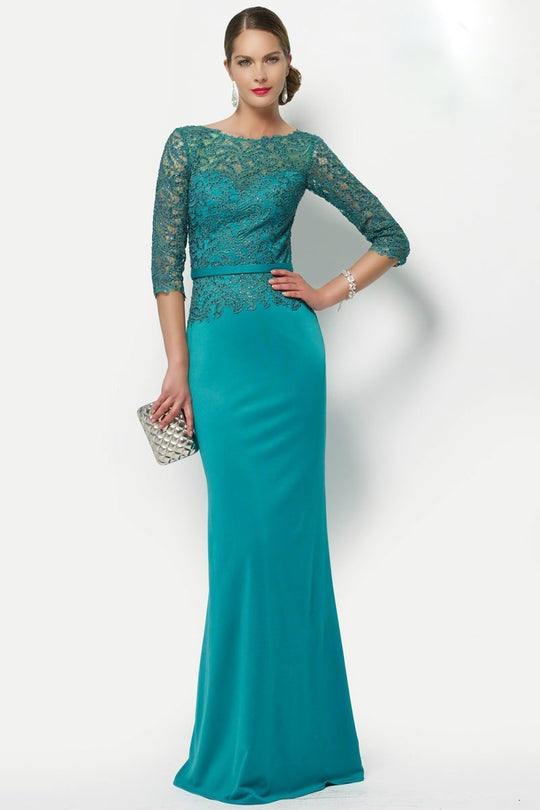 Alyce Paris - 27113 Quarter Sleeve Illusion Bateau Lace Sheath Gown in Green