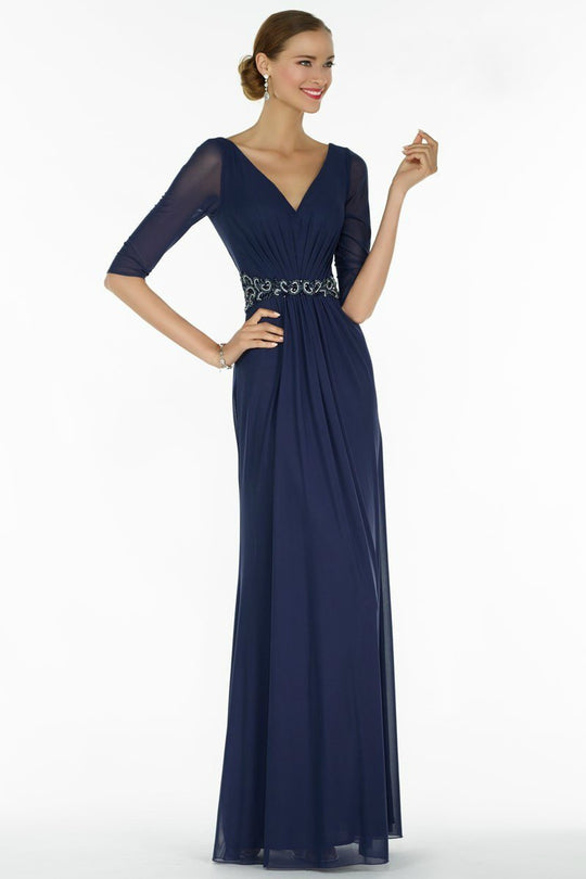 Alyce Paris - Fitted Embellished Waist Evening Dress In Navy