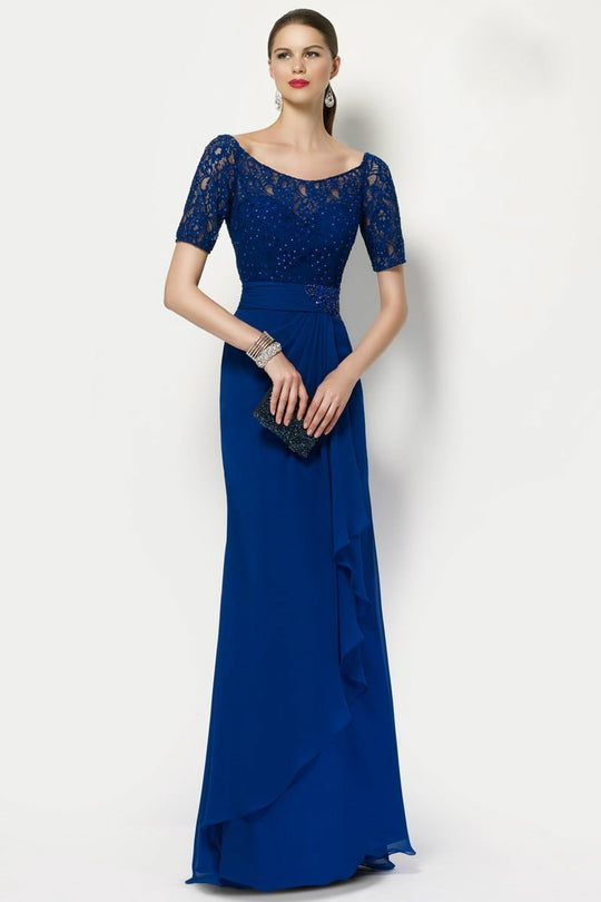 Alyce Paris - 27135 Short Sleeve Illusion Bateau Cascading Ruffle Gown in Blue