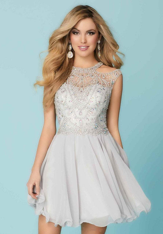 Tiffany Homecoming - 27151 Crystal Ornate Illusion Jewel Cutaway A-Line Dress In Silver