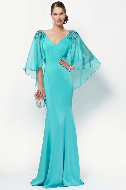 Alyce Paris - Embellished V-Neck Sheath Dress with Sheer Capelet 27170 - 1 Pc Jade in Size 8 and 1 Pc Silver in Size 20 Available