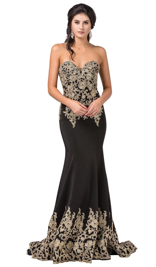 Dancing Queen - 2718 Gilded Plunging Sweetheart Trumpet Gown In Black