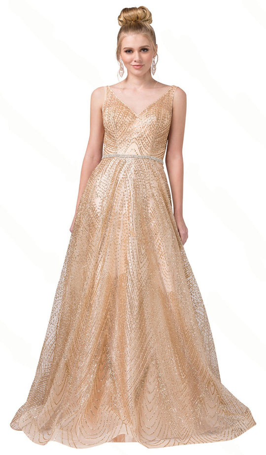 Dancing Queen - 2721 Sequined V-Neck A-Line Prom Dress In Gold