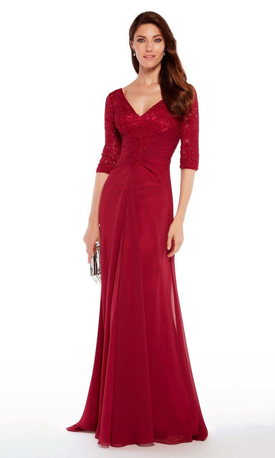 Quarter Sleeves Lace Chiffon A-line Gown 27234 in Red