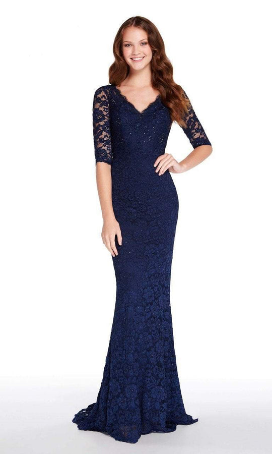 Alyce Paris - 27241 Scalloped Lace Fitted V-Neck Dress In Blue