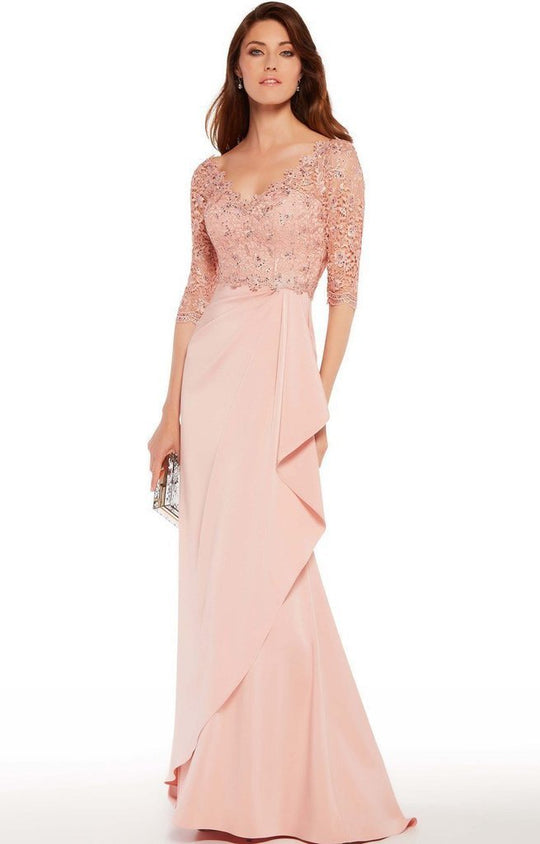 Alyce Paris - 27242 Beaded Lace V Neck Quarter Sleeve Wrap Gown In Pink