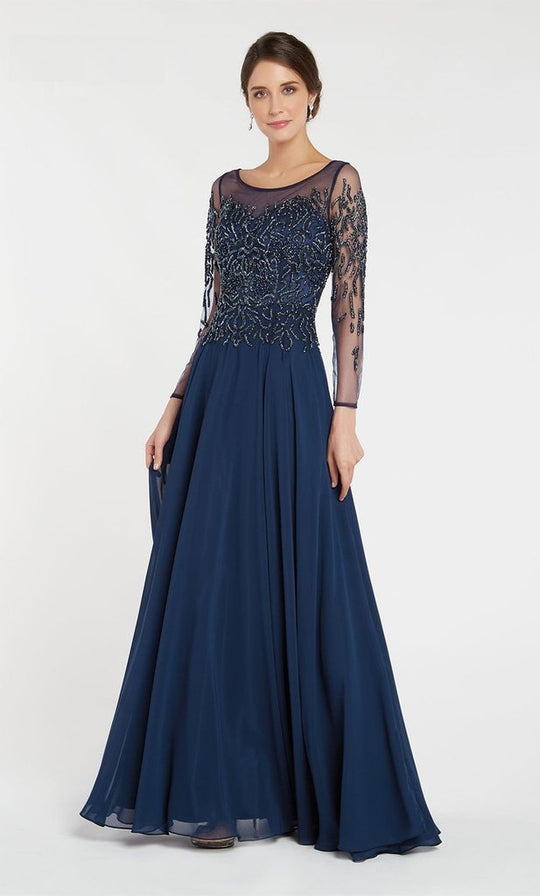 Alyce Pari - 27244 Beaded Illusion Neckline and Quarter Length Sleeve A-line Dress In Blue