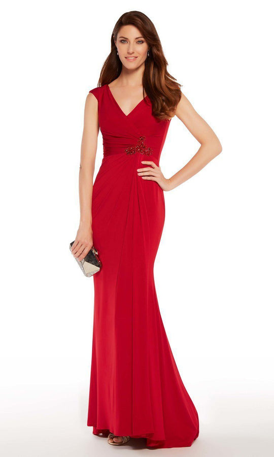Alyce Paris - 27266 Cap Sleeve Surplice Fitted Jersey Formal Gown in Red