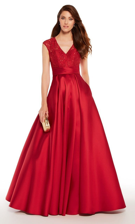 Alyce Paris - Lace V-neck Mikado Ballgown 27278 in Red
