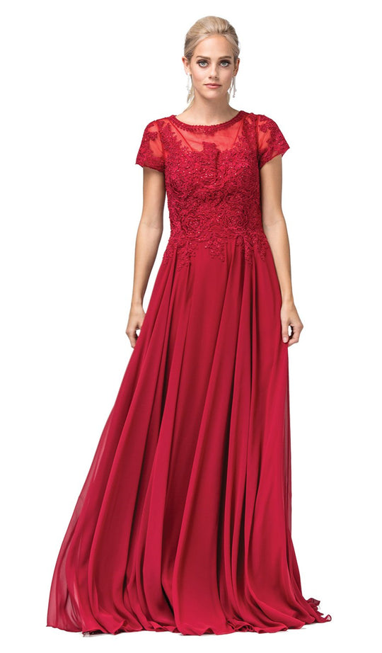 Dancing Queen - 2727 Embroidered Rosette Short Sleeve Long Dress In Red