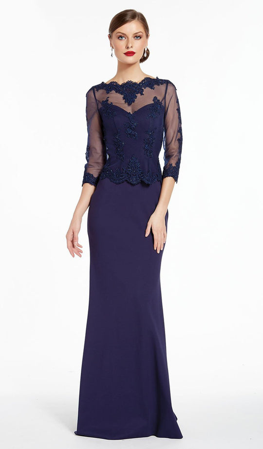 Alyce Paris - 27282 Quarter Sleeve Illusion Appliqued Sheath Gown In Blue
