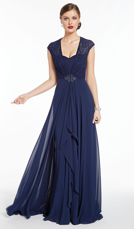 Alyce Paris - 27292 Cap Sleeve Asymmetrical Chiffon Overlay Gown In Blue