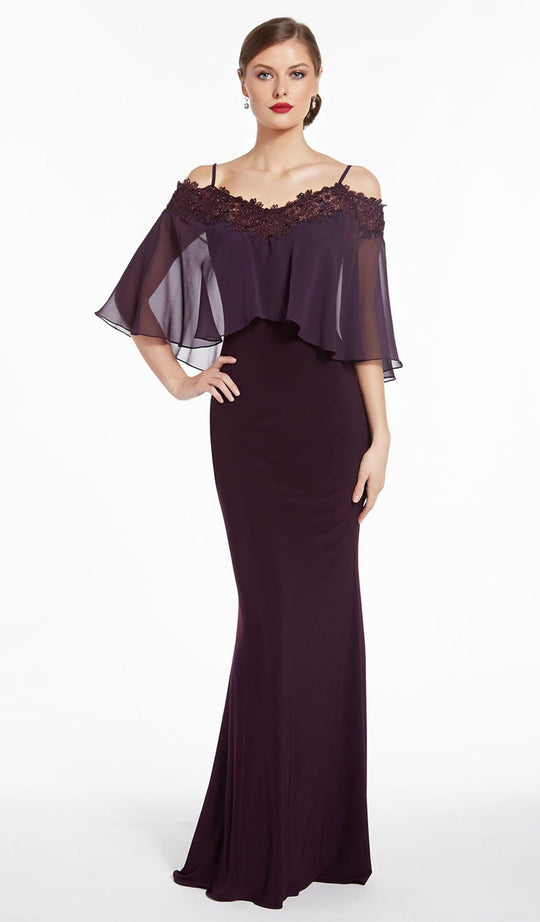 Alyce Paris - 27293 Ornate Lace Sheer Caped Off Shoulder Gown In Purple