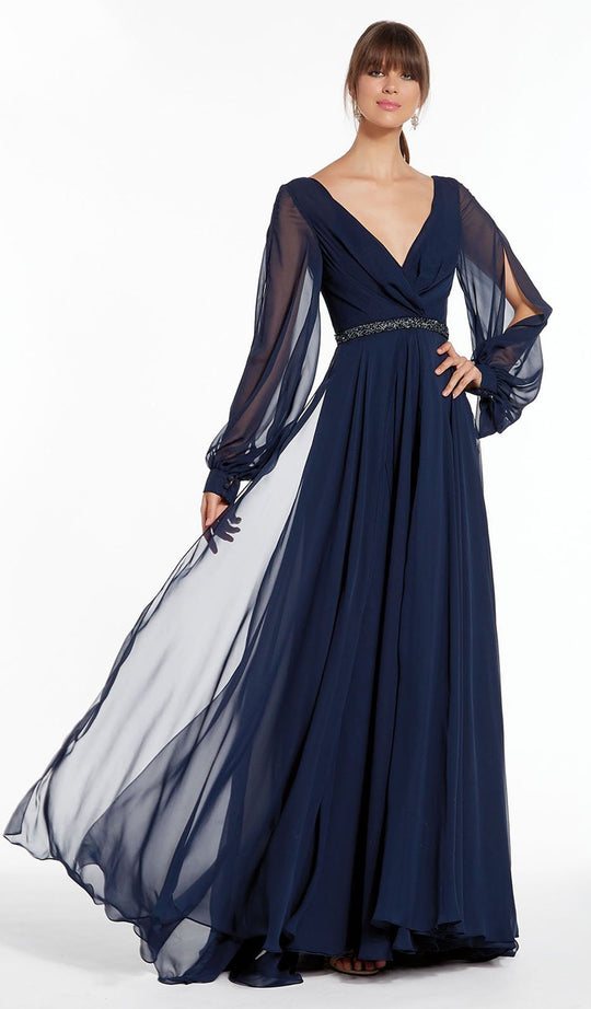 Alyce Paris - 27295 Split Bishop Sleeve Surplice Chiffon Gown In Blue