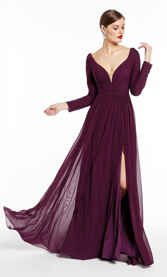 Alyce Paris - 27304 Long Sleeves Mesh Jersey Evening Dress In Purple and Red