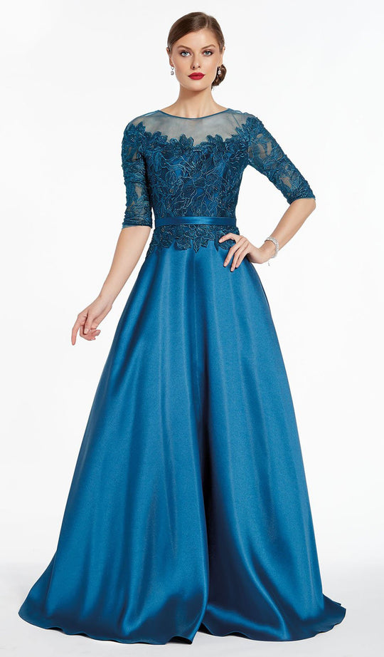 Alyce Paris - 27307 Quarter Sleeve Illusion Lace Mikado Gown In Blue