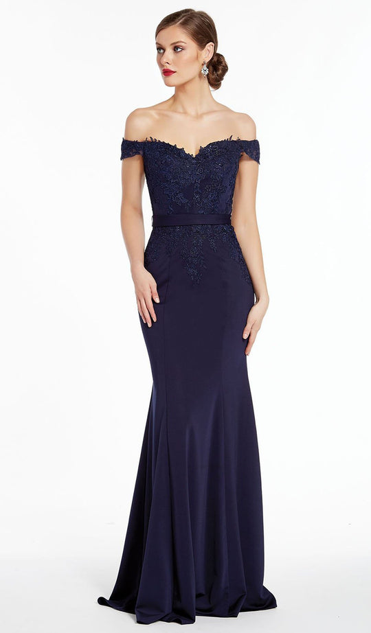 Alyce Paris - 27309 Off Shoulder Trailing Lace Sheath Gown In Blue
