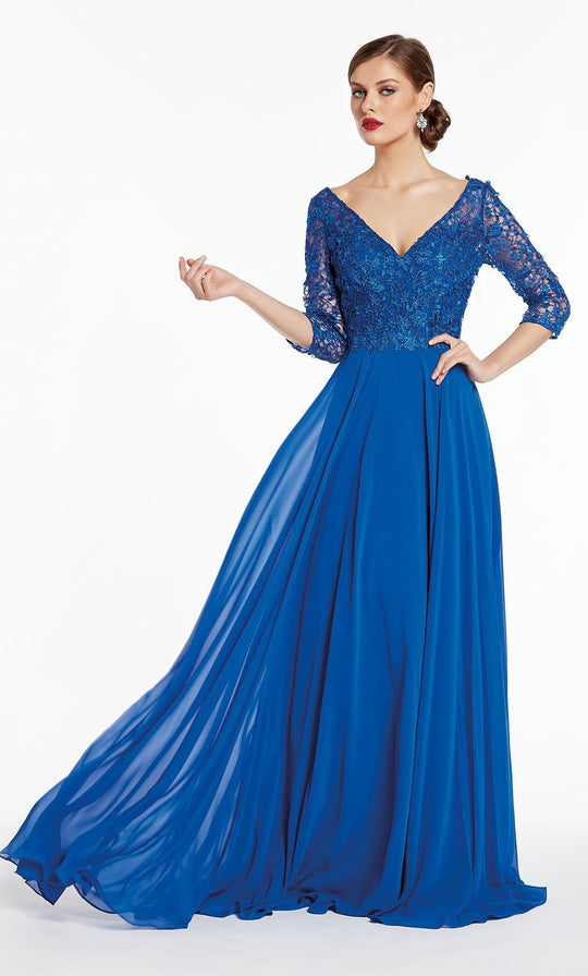 Alyce Paris - 27312 Quarter Sleeve Lace Bodice A-Line Gown  In Blue
