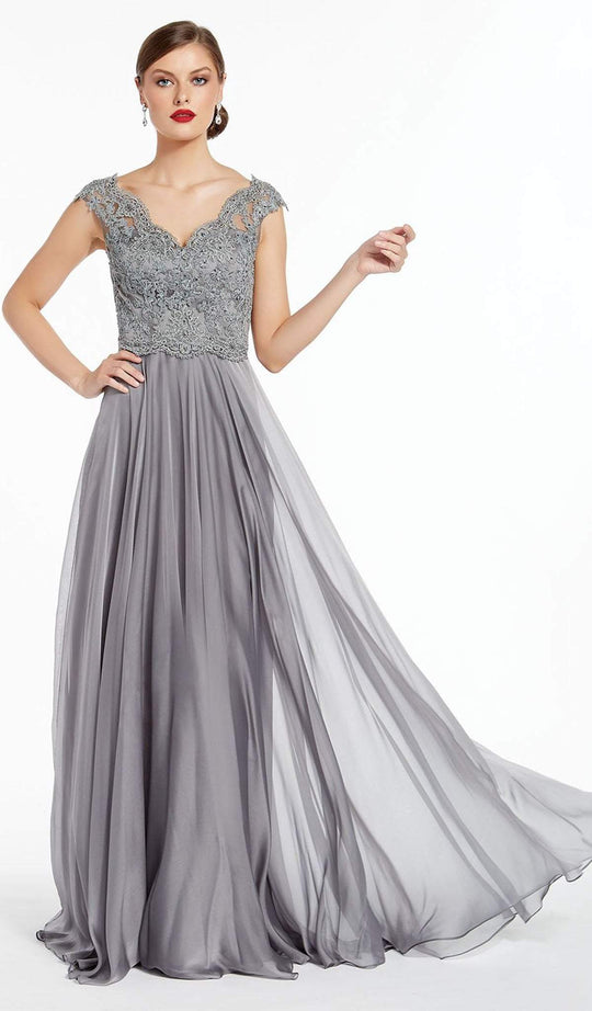 Alyce Paris - 27315 Cap Sleeve Scalloped V-Neck Chiffon Gown In Gray